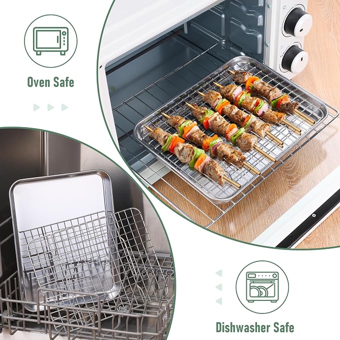 Homikit Cookie Sheet with Rack Set (1 Sheet Pan+1 Cooling Rack),10 x 8 Inch | Stainless Steel Small Baking Sheet with Wire Rack for Baking Roasting, Toaster Oven Pan Bacon Tray, Non-Toxic & Heavy Duty