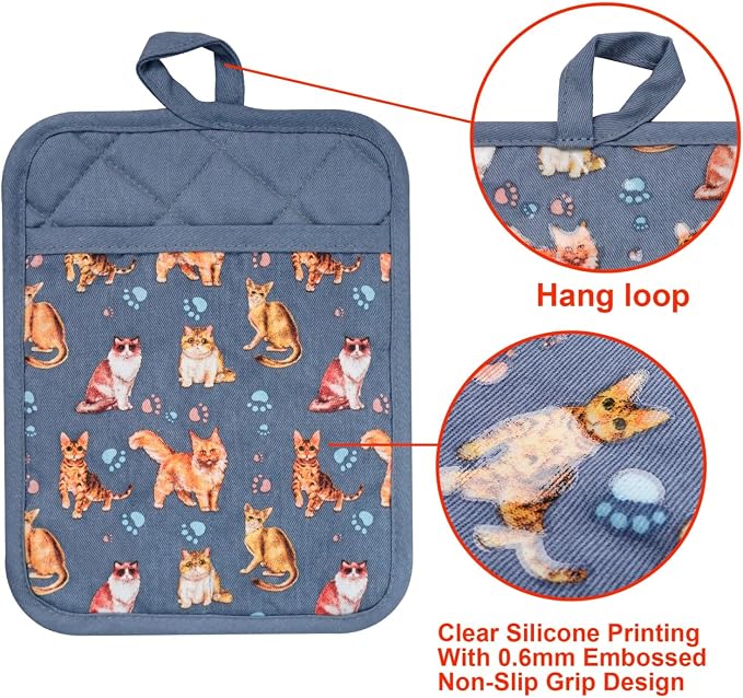 Pot Holders Set of 2 Heat Resistant 480 ℉Non Slip Clear Silicone Printed Comfortable Cotton Lining Kitchen Women Men Cooking Baking Microwave Machine Washable (Cat, Grey potholders)