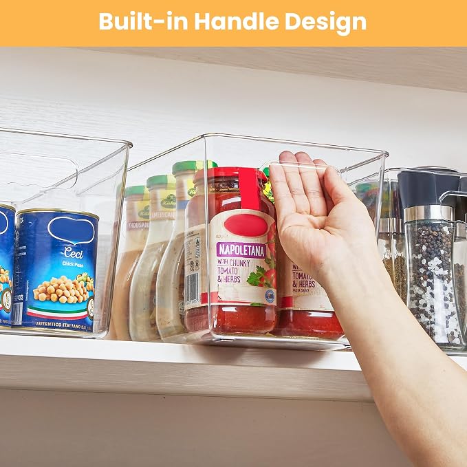 YIHONG 4 Pack Clear Storage Bins, Pantry Organizer Bins with Handle, XL | Plastic Bins, Pantry Storage Containers for Kitchen, Freezer, Cabinet, Closet, Bathroom, Under Sink Organizers and Storage
