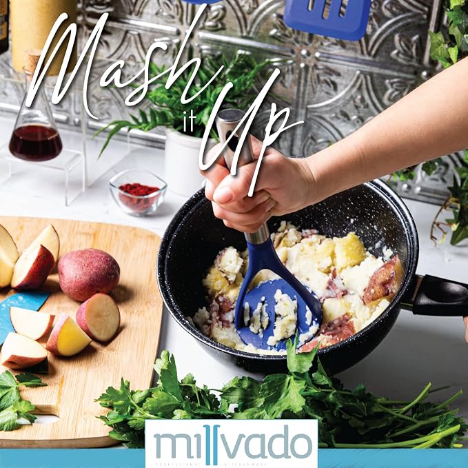 Millvado Potato Masher, Strong Stainless Steel Handle with Heavy Duty Plastic Base, 11.5 Inch Blue Mashed Potatos Masher, Hand Smasher for Vegtables