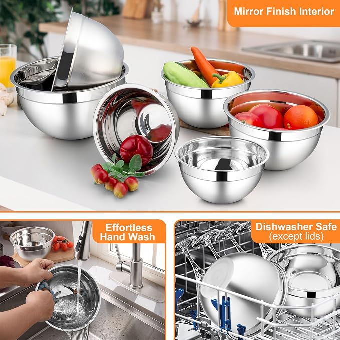 LIANYU Mixing Bowls with Lids Set, Large 7 & 3.5 & 2.5 & 2 & 1.5 & 1QT | 6 Piece Stainless Steel Serving Bowls, Kitchen Metal Nesting Bowl for Cooking, Food Storage, Dishwasher Safe, Multi-Color