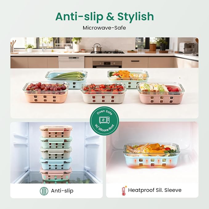 Glass Meal Prep Containers 5 Pack, 4.4 Cup Airtight Leakproof Lids, Borosilicate Glass Food Storage Containers, Microwave Oven Freezer Safe, BPA Free Lunch Containers