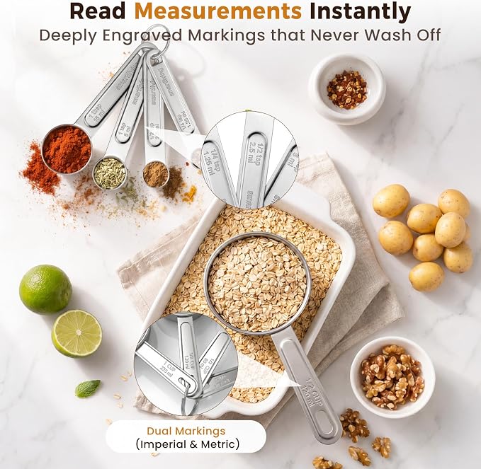 11 PCS Measuring Cups and Spoons Set with Funnel & Mini Spoons for Baking | Stainless Steel Build, For Dry & Liquid Ingredients, Dishwasher Safe, Clear Markings for Reading, Gift for Bakers & Cooks