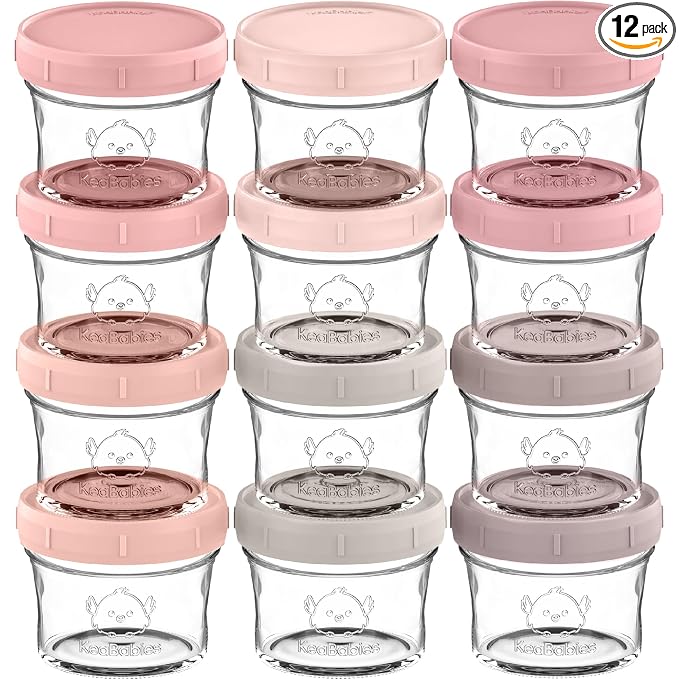KeaBabies 12pk 4oz Glass Baby Food Containers with Lids, Leak-Proof (Roseate) | Microwavable Small Glass Jars, Baby Purees, Toddler Snack Storage Containers, BPA-Free, Dishwasher-safe, Freezer Safe