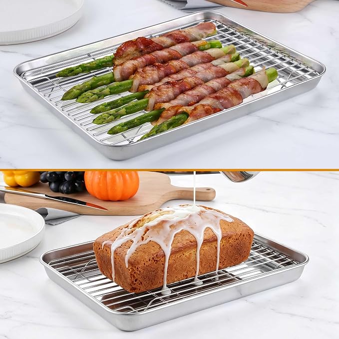 Homikit Baking Sheet with Wire Rack Set (4 Pans + 4 Racks), 16/12/10/9 Inch | Stainless Steel Sheet Pans with Cooling Racks for Oven, Heavy Duty Metal Cookie Bacon Baking Trays Non Toxic, Dishwasher Safe