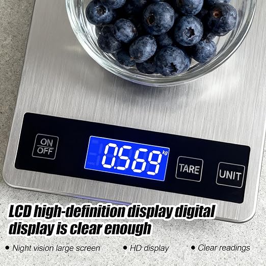 Food Kitchen Scale, 33lb Food Scale Precisely Measures Grams and Ounces for Baking and Cooking, 304 Stainless Steel Kitchen Scale for Food with LCD Display, Batteries Included