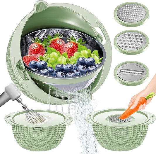 4-1 Colander with Fruit Bowl Set - Colander for Kitchen, Rotatable Strainers and Colanders(Patented), Pasta Strainer with New Upgraded Graters for Fruit, Veggie, Aesthetic Kitchen Essentials - Green