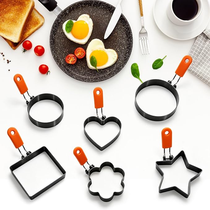 8 Pcs Nonstick Stainless Steel Egg Rings,Multi-Shape Egg Cooking Molds with Silicone Handle,Oil Brush & Egg Separator,Kitchen Griddle Accessories for Frying Eggs,Omelets,Pancakes,Muffins