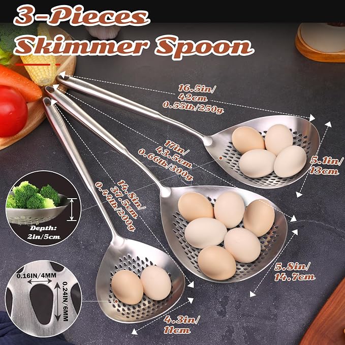 MARTE Skimmer Slotted Spoon Set of 3-304 Stainless Steel Spider Strainer Utensils Ladle Spoon with Handle for Cooking and Frying - Kitchen Pasta Strainer Colander - 14.8In,16.5In,17In