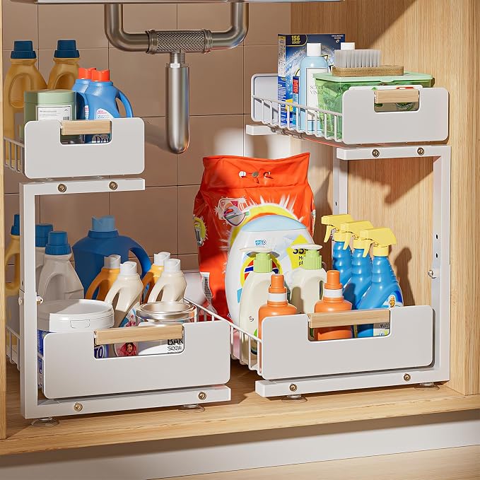 Delamu Under Sink Organizer Kitchen, 2-Tier Pull-Out Cabinet Shelf, 2-Pack | 2-Tier Smooth Slide, 5 Adjustable Heights, Anti-Tip Suction Cups, Sturdy Metal, For Kitchen Bathroom Pantry Laundry, White