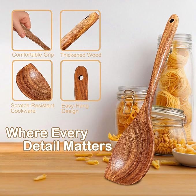 Wooden Spoons for Cooking, 4 Piece Teak Cooking Utensils Set | Natural Premium Teak, Large Kitchen Wooden Spoons, Cooking Gifts
