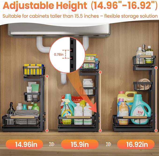 Under Sink Organizer and Storage for Bathroom and Kitchen - 2 Pack 3 Tier | Under Cabinet Pull Out Shelf Organizers - Slide Out Drawer Organization for Home Cabinets Shelves and Drawers