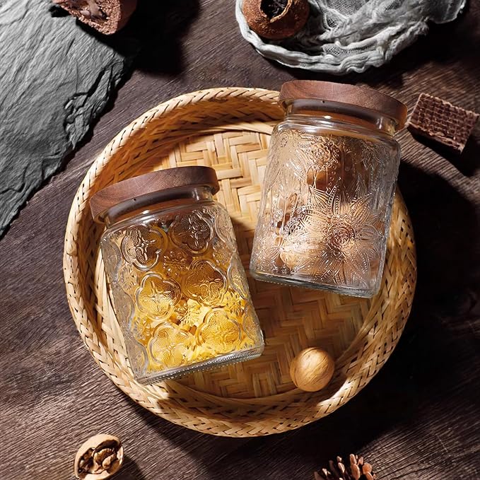 Glass Storage Jars With Airtight Lid, 23.7oz Container For Kitchen Counter with Wooden Lid, brown sugar, candy, coffee, cookie, salt, tea, cute Jar (Begonia Flowers*2)