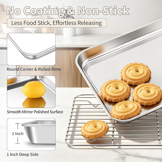 TeamFar Stainless Steel Toaster Oven Pan with Rack Set, 9"x7"x1" | 2 Pans + 2 Racks, Toaster Oven Baking Pan Tray with Cooling Rack for Cooking, Non-Toxic & Rust Proof, Dishwasher Safe