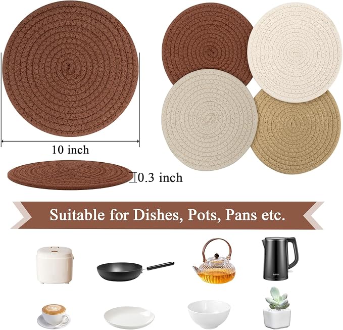 SHACOS 8 Inches Trivets for Hot Dishes, 4 Pieces Cotton Trivets Mats for Kitchen, Hot Pads for Countertops and Table, Heat-Resistant Pot Holders for Hot Pots and Pans(Mix Color, 4pcs)