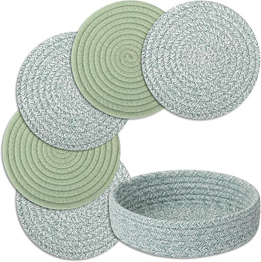 Trivets for Hot Dishes, Pots and Pans, Heat Resistant Hot Pads with Storage Basket, Pot Holders for Kitchen Countertop, Trivet Mats Home Essentials Farmhouse Decor (Green 5 Pcs)