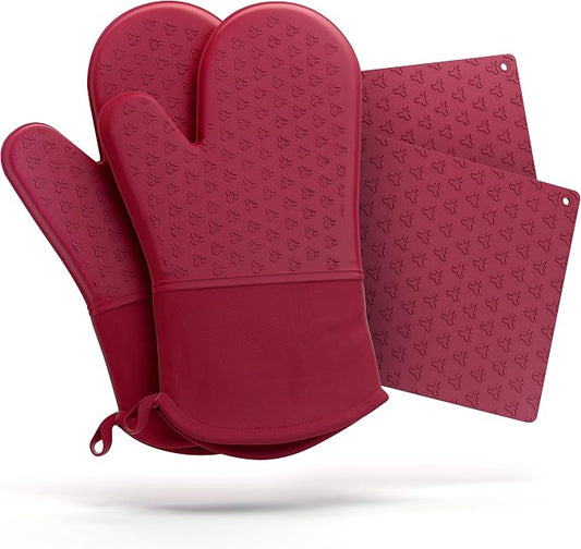 Cosy House Collection 4-Piece Oven Mitt & Pot Holder Set | Heat Resistant Trivet Cooking Gloves - Durable & Comfortable Long-Lasting Silicone - Cooking, Baking & Grilling (Red)