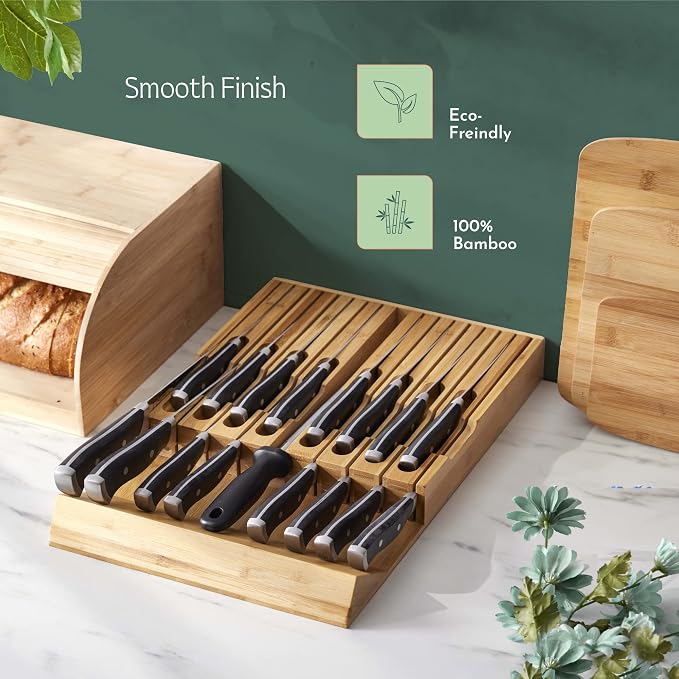 High-Grade 100% Bamboo Knife Drawer Organizer - 12 Slots Plus Sharpener, Secure, Practical, Eco-Friendly Knife Block