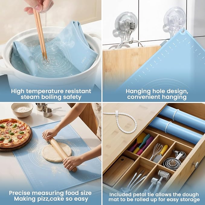 Silicone Baking Mat 24x16 Inches | Extra Thick Dough Rolling Mat with Measurements and Edge Heightening | Non-Stick Food Grade Pastry Mat for Pastry, Bread, Cookies, Pizza, Fondant & Pasta