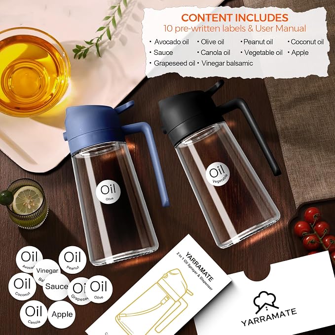 YARRAMATE 16 oz 2-in-1 Glass Olive Oil Sprayer for Cooking, Navy | Food-grade dispenser bottle, 470 ml, spray and pour, portion control, stickers included, for salad, frying and BBQ