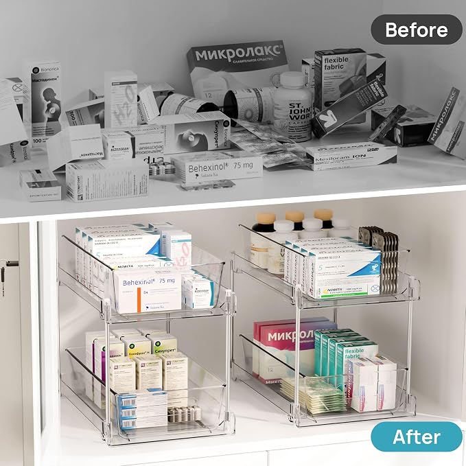 Vtopmart 4 Pack Pull Out Bathroom Under Sink Organizer (S-Standard) | Slide-out drawers, Multi-purpose storage, Clear visibility, Easy Set-up