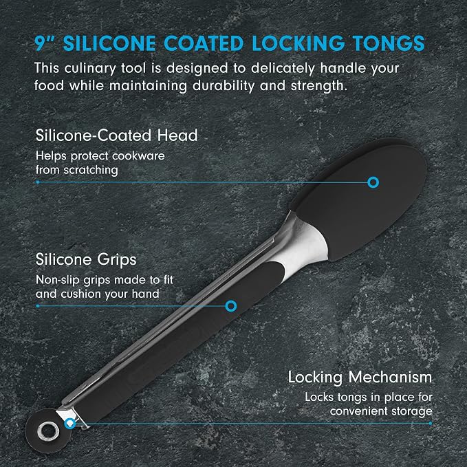 Messermeister Silicone Coated Locking Tongs, 9” - Black - Stainless Steel Rivet & Non-Slip, Silicone Tip & Handle - Heat Resistant Up to 430 Degrees Fahrenheit - Dishwasher Safe