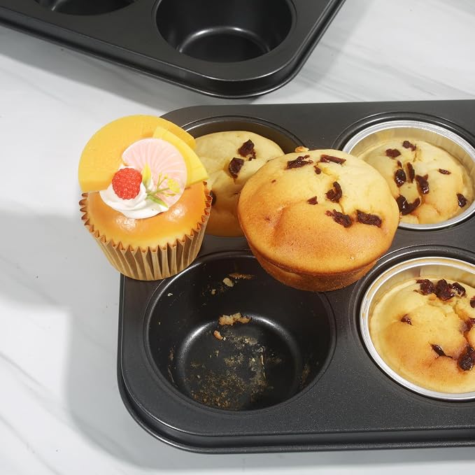 Non-Stick Black Jumbo Muffin Pans, 6-Cup Set of 2 | Carbon Steel, Spatula Included for Extra-Large Muffins & Cupcakes