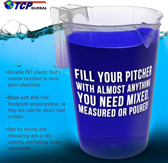 TCP Global 1 Liter (1000ml) Plastic Graduated Measuring and Mixing Pitcher (Pack of 6) - Holds Over 1 Quart (32oz) - Pouring Cups, Measure & Mix Paint, Resin, Epoxy, Kitchen Cooking Baking Ingredients