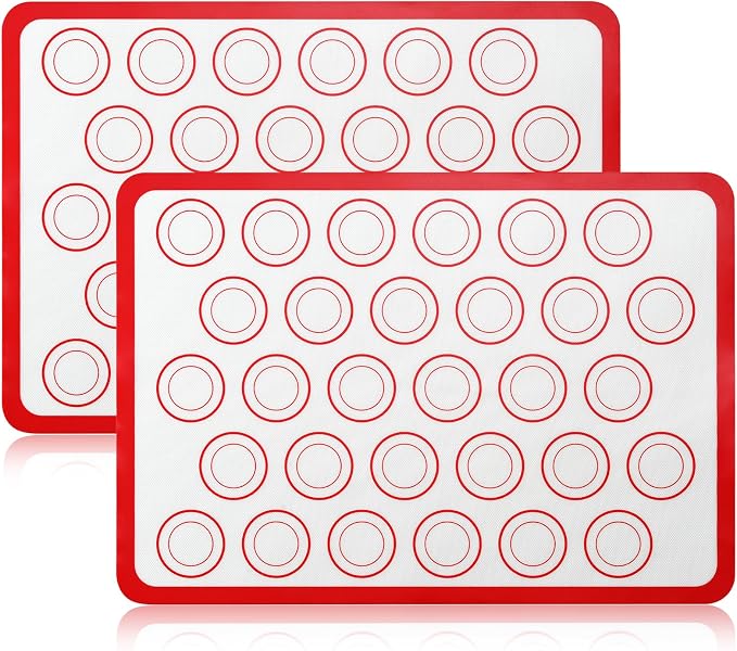Luckyiren 2 Pack Silicone Macaron Baking Mat, Half Sheet Liners, Red/White | Two 16.54 x 11.62 in silicone macaron baking mats have printed rings for macarons; reusable nonstick half sheet liners.