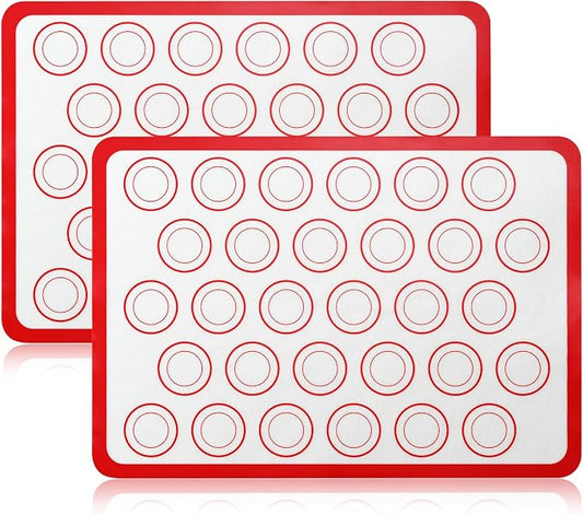 Luckyiren 2 Pack Silicone Macaron Baking Mat, Half Sheet Liners, Red/White | Two 16.54 x 11.62 in silicone macaron baking mats have printed rings for macarons; reusable nonstick half sheet liners.