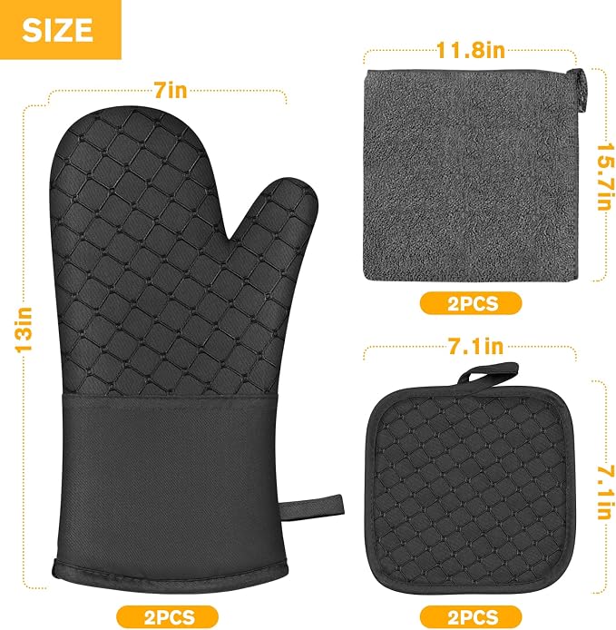 6 Pcs Oven Mitts and Pot Holders, 500℉ Heat Resistant Oven Mitts with Kitchen Towels Soft Cotton Lining and Non-Slip Silicone Surface Safe for Baking, Cooking, BBQ (Black)