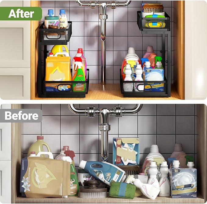 Under Sink Organizer 4-Pack, Metal 2-Tier Pull-Out Cabinet Shelf with Slide-Out Mesh Drawers, Height Adjustable, Space-Saving Storage Racks for Kitchen, Bathroom, Laundry Room