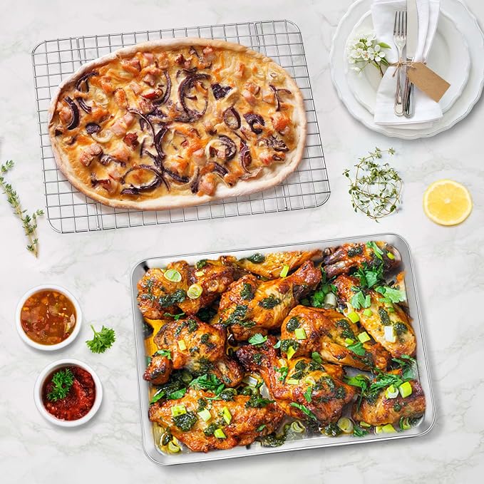 P&P CHEF 12.5 Inch Toaster Oven Pan Tray with Wire Rack, 2 PCS | Baking Sheet Pan + Cooling Rack for Cooking/Roasting, Dishwasher Safe & Rust Free, Non-toxic & Sturdy