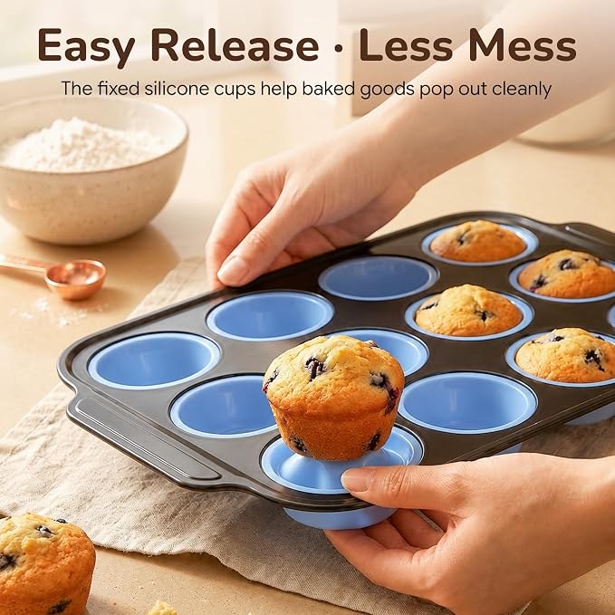 2 Pack Silicone Muffin Pans for Baking, 12-Cup Muffin Tin with Metal Frame | 2 Pack value, 12-Cup muffin pans, Reinforced metal frame, Easy release cups, Nonstick silicone, Oven & dishwasher safe