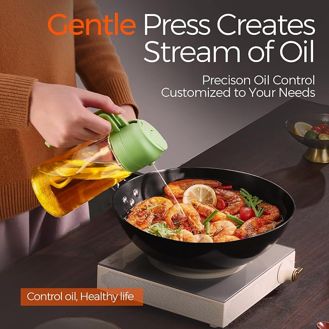 YARRAMATE 16oz/470ml Glass Olive Oil Sprayer for Cooking with Stickers, 2 in 1 Oil Dispenser for Kitchen Gadgets, Food Grade Premium Spray Bottle with Portion Control for Salad, Frying, BBQ (Green) | Food-grade dispenser bottle, 470 ml, spray and pour,...