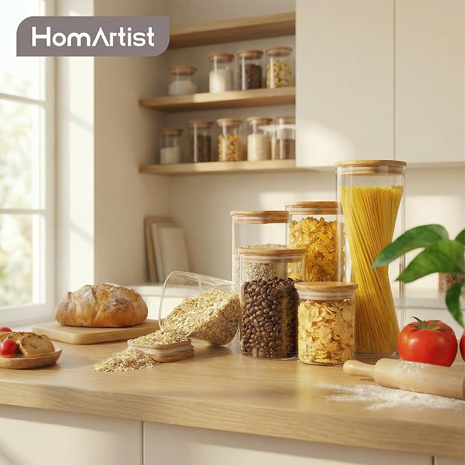HomArtist Glass Jars with Bamboo Lids [Muti Size Set of 5], Glass Canisters with Airtight Lids, Glass Food Storage Containers for Pasta, Oats, Coffee, Flour, Sugar, Rice, Best for Kitchen & Pantry | 79oz/53oz/27oz Airtight Jars for Pantry & Kitchen, Du...