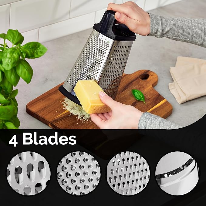BASSWOOD Professional Cheese Grater, XL Size 4-Sided Stainless Steel Box Grater, Food Shredder for Cheese, Cheese Shredder - Cheese Grater with Handle - Graters for Kitchen Stainless Steel Food Grater