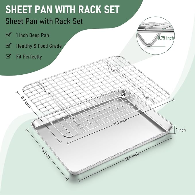 Homikit Quarter Sheet Pan with Wire Rack (2 Baking Sheet+2 Rack), 12" x 10" | Stainless Steel Quarter Baking Tray with Grid Cooling Rack for Toaster Oven Roasting, Metal Bacon Cookie Pan, Dishwasher Safe