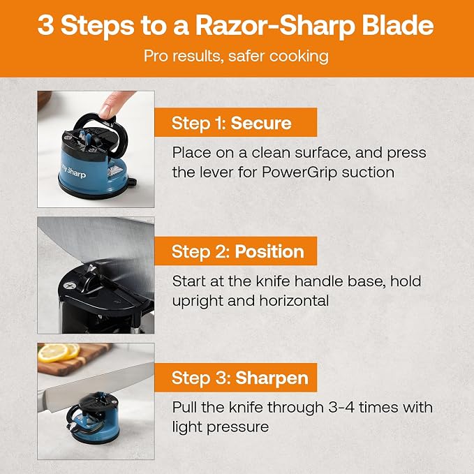 AnySharp – Global – Hands Free Knife Sharpener - Easy to Use Sharpening Tool with PowerGrip Suction Base and 20-Degree Pre-Set Angle - for All Knives: Chef's, Serrated, and Hardened Steel - Blue