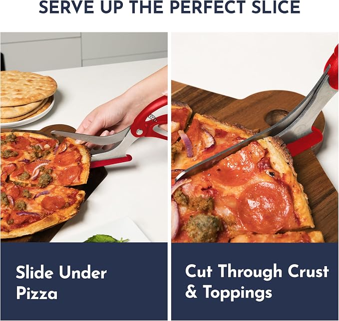 Pizza Scissors - Non-Stick Pizza Scissors with Firm Grip Base - Food Grade Stainless Steel Pizza Cutter - 5-in-1 Food Slicer & Pizza Server - Durable, Safe & Mess Free - Red