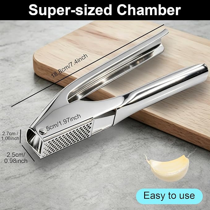 Garlic Press Stainless Steel, Garlic Mincer & Crusher with Peeler Tube and Cleaning Brush, Large Capacity Ergonomic Handle, No Need to Peel, Dishwasher Safe Garlic Press with Built-in Bottle Opener