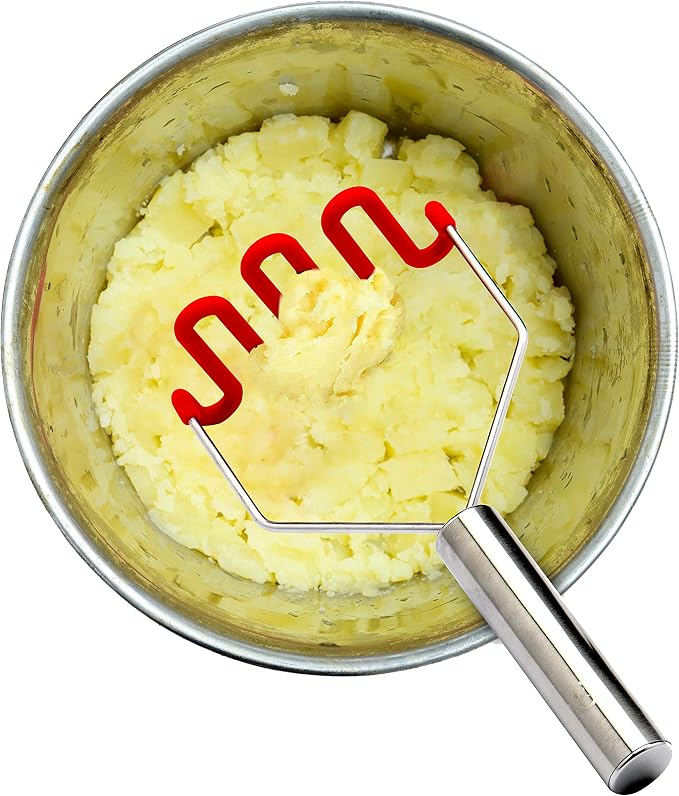 Jell-Cell Potato Masher - Silicone Protect Body with Premuim Stainless Steel Non Scratch Cookware for Smooth Mashed Potato Vegetables and Fruits Color Red