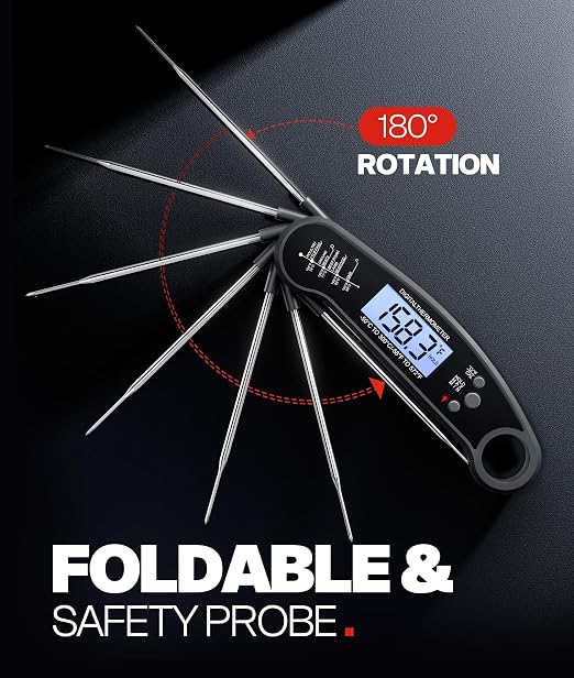 Meat Thermometer Digital – Instant Read Food Thermometer for Grilling, BBQ, Air Fryer, Smoker, Candy Making with Foldable Probe, Kitchen Gadgets, BBQ Essentials, Gift for Dad, Men, Black