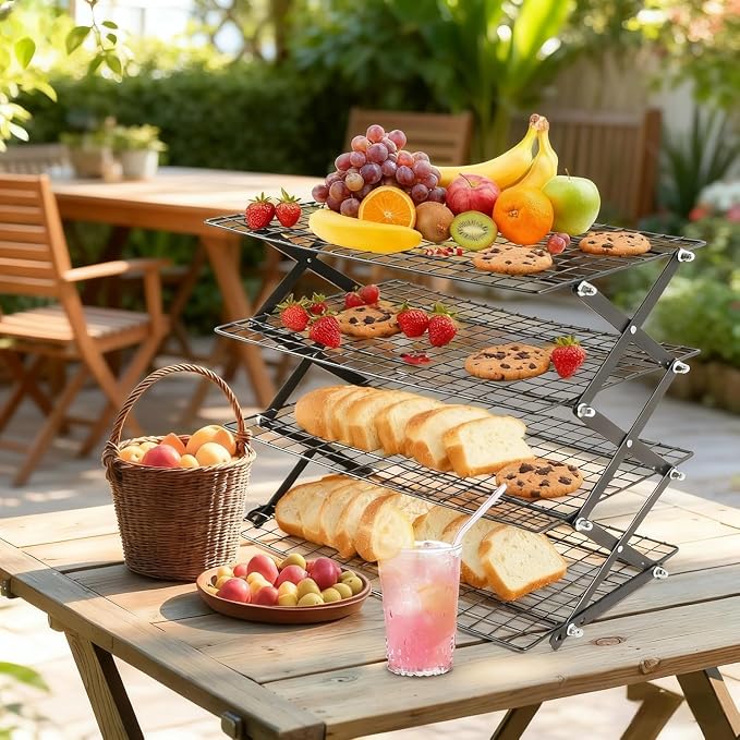 Collapsible Cooling Rack, Adjustable Stainless Steel Drying Rack (FOLD-3-TIER) | X-Shaped Structure Wire Cooling Rack for Baking, Cookies, Cake, Fruit, Bread,Roasting, Grilling, Drying Rack, Dishwasher Safe