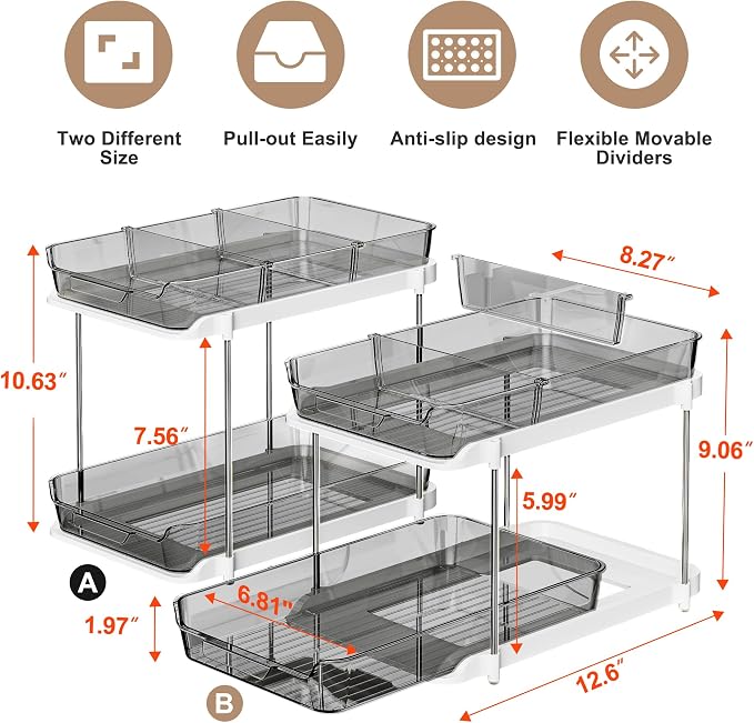 Delamu 2-Tier Multi-Purpose Bathroom Under Sink Organizers and Storage, Stackable Kitchen Pantry Organization, Pull Out Medicine Cabinet Organizer with Movable Dividers, Black, 2 Pack