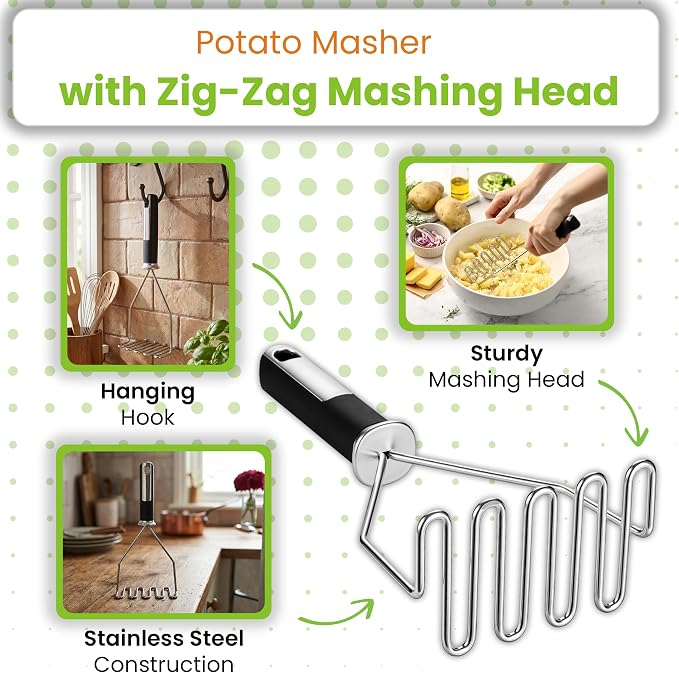 Spring Chef Stainless Steel Premium Vegetable Peeler with Potato Masher, Soft Grip Handle Metal Food Peeler and Masher for Fruit & Vegetables