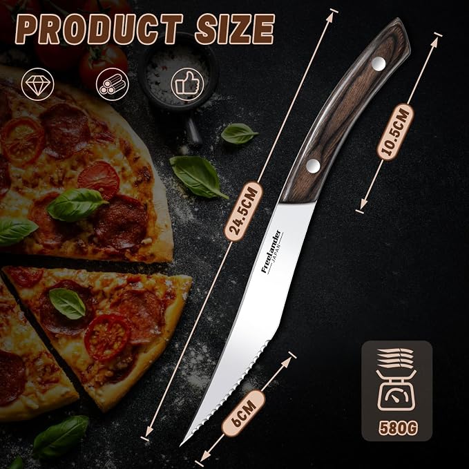 Freelander 4-Piece Pizza Knife Cutter Set, Sharp Serrated Stainless Steel Blades, Full Tang Forged Design, Ergonomic Non-Slip Handle, Durable, Rust-Resistant & Dishwasher Safe