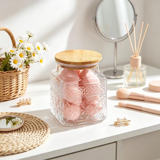 38 FL OZ Glass Storage Jar with Vintage Pattern and Airtight Lid,Square | Kitchen Pantry Coffee bar Canister for Coffee Sugar Cereal Nut Candy, Airtight Bamboo Lid, Thick Glass,Wide Mouth Opening