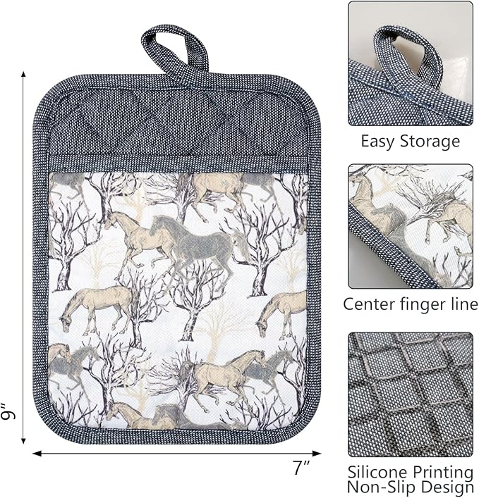 Pot Holders Set of 3 Silicone Printing Non Slip Heat Resistant, Yarm-Dyed Hot Pads Cotton Home Kitchen Cooking Barbecue Microwave Women Men Machine Washable BBQ Grilling. (Gray Potholders)