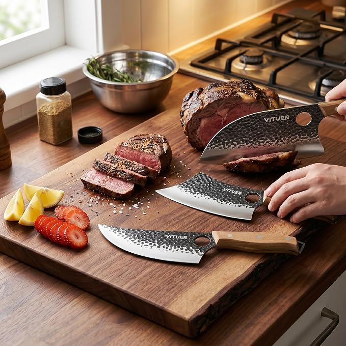3PCS Butcher Knife Set, Hand Forged 7" Butcher Meat Cleaver, 7" Serbian Chef and 6.5" Viking Knife, Great for Indoor & Outdoor (Stylish Pattern Design)
